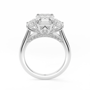 White Gold Emerald Cut Diamond Three Stone Pave Engagement Ring With Prong Setting